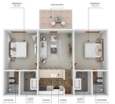 Floor plan for 2 beds, 2 baths, 894 sqft